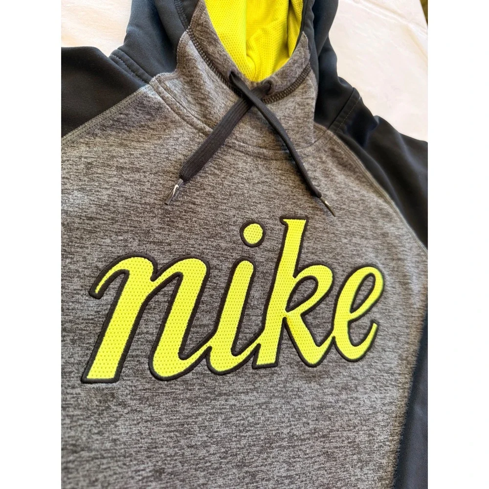 Nike Hoodie Women Medium Grey Black Neon Yellow Good Therma-FIT Pullover